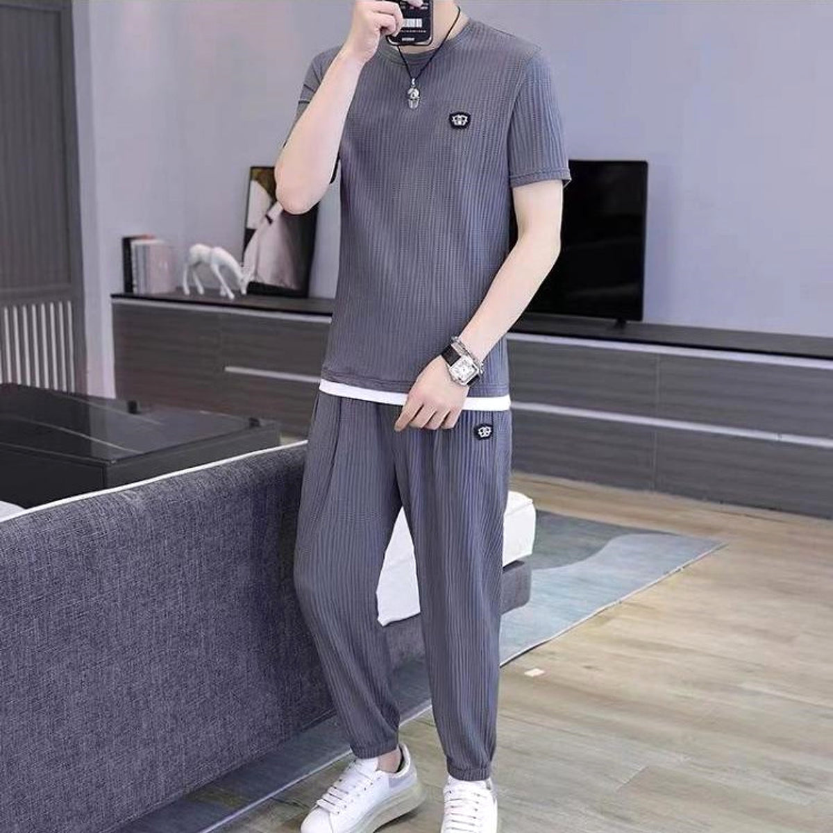Men's Fashion Casual Exercise Quick-drying Short Sleeve Trousers Suit - enhanced image 2