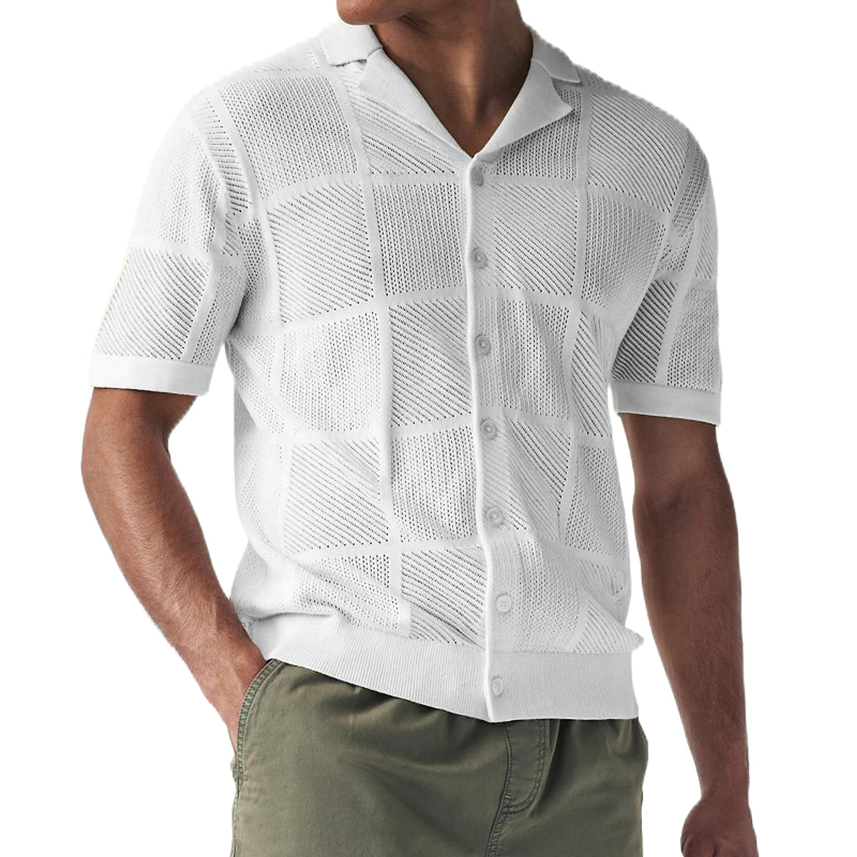 Men's Knit Cardigan Thin Hollow Polo Collar Short Sleeve Top - enhanced image 2