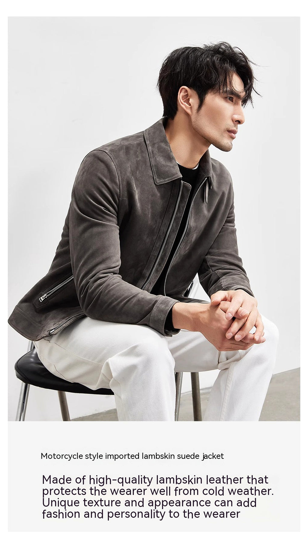A1. Men's Lambskin Suede Lapel Biker's Leather Jacket - enhanced image 2