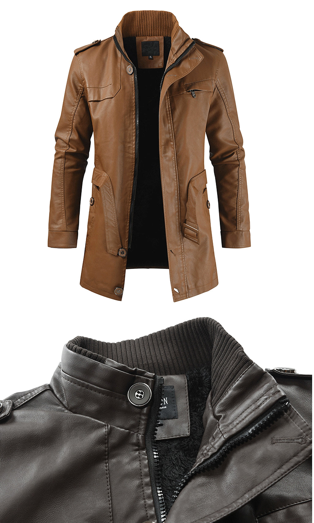 Men's Mid-length Fleece-lined Casual Stand Collar Leather Wind Coat - enhanced image 2