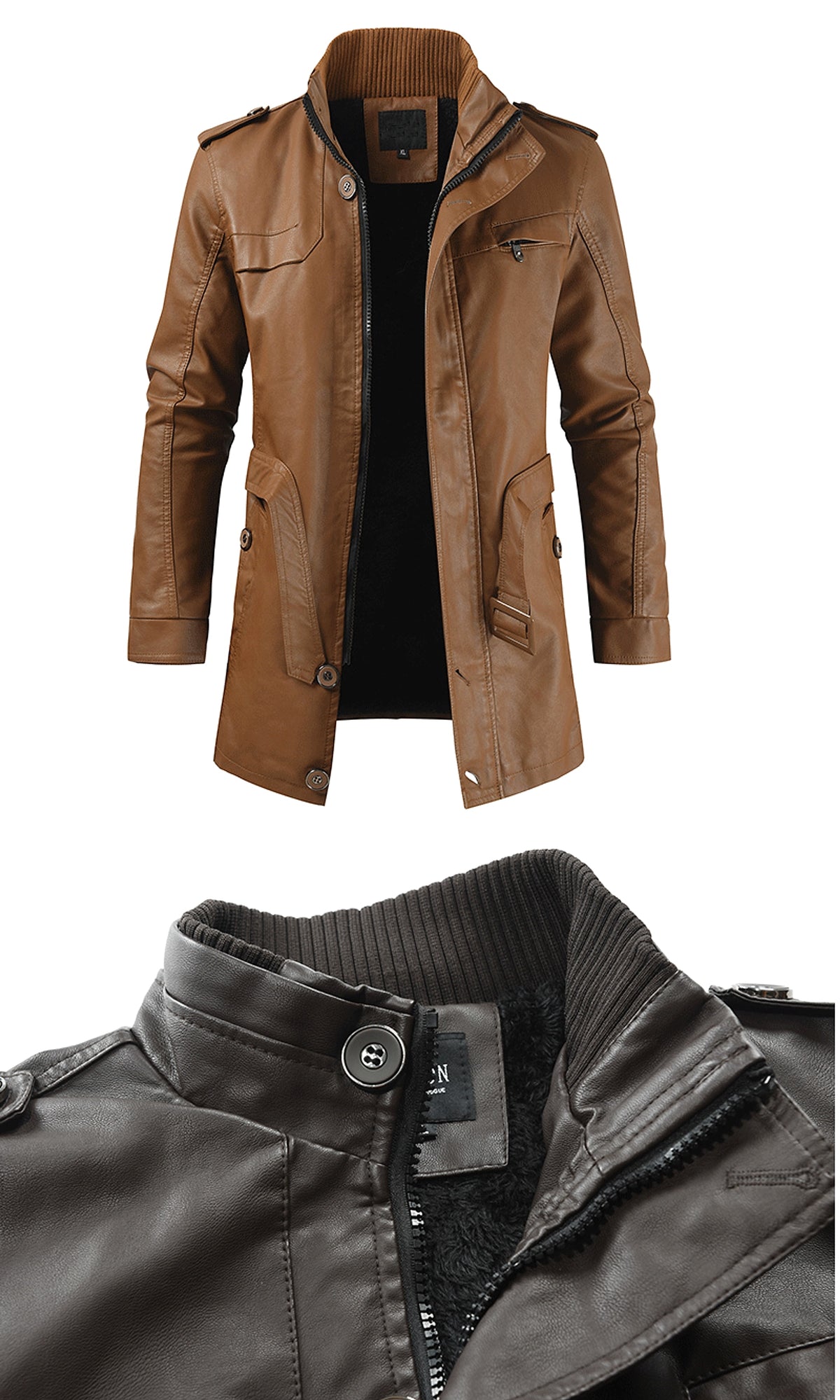 Men's Mid-length Fleece-lined Casual Stand Collar Leather Wind Coat - enhanced image 2