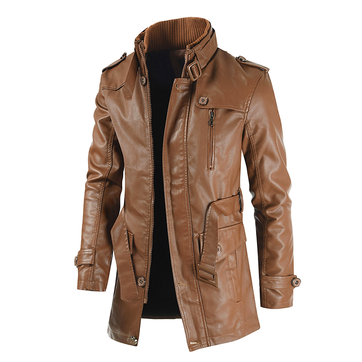 Men's Mid-length Stand-up Collar Slim Large Size Leather Trench Coat - enhanced image 2