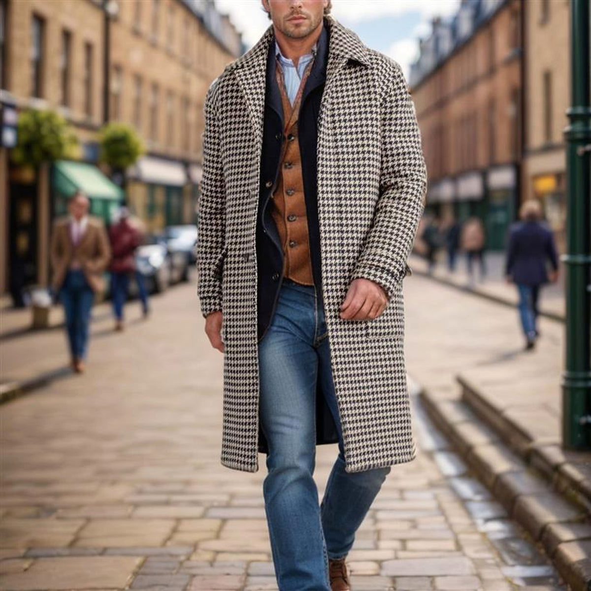 Men's Mid-length Woolen Trench Coat Houndstooth Quilted - enhanced image 2