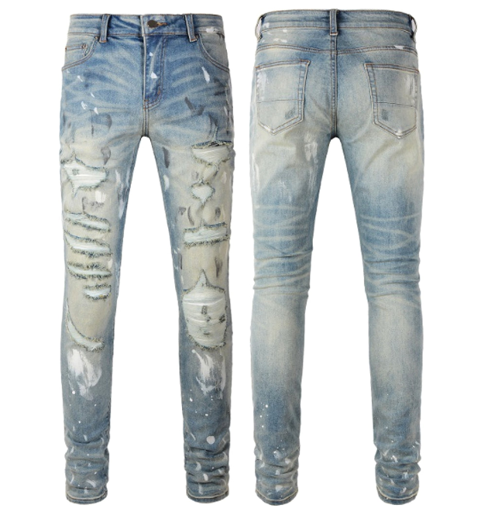 Men's Patch Slimming And Perforated Jeans - enhanced image 2