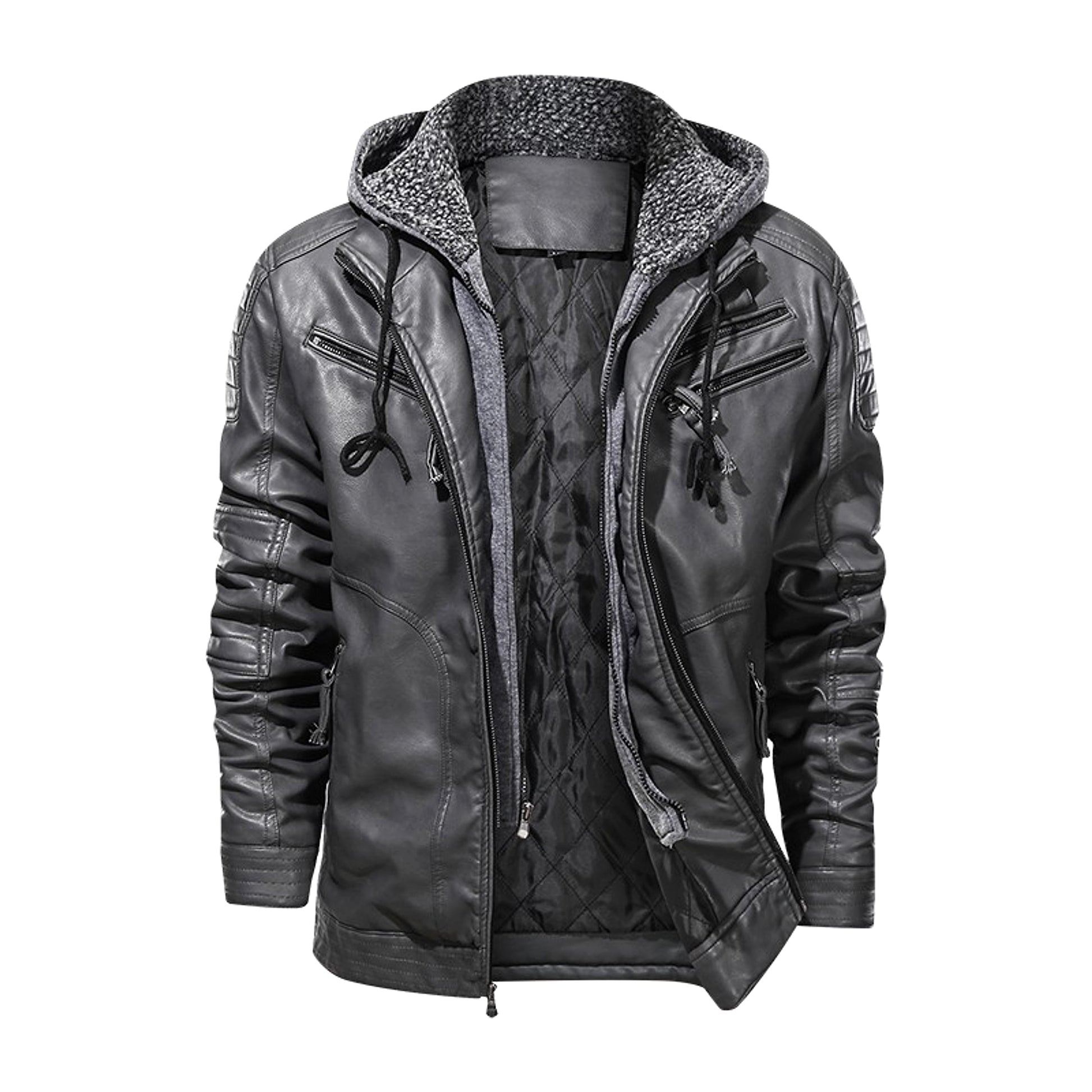 Men's PU Leather Coat Hooded Cotton Addition Leather Jacket Coat - enhanced image 2