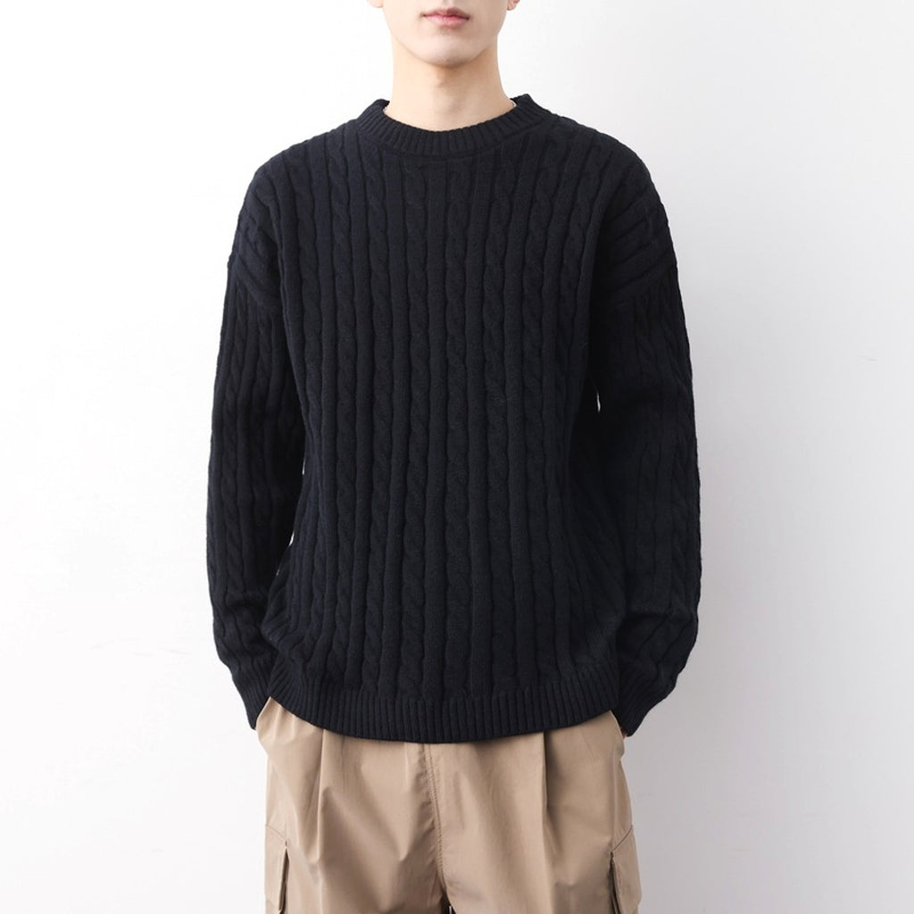 Men's Thick Solid Color Loose Round Neck Twisted Twisted Sweater - enhanced image 2