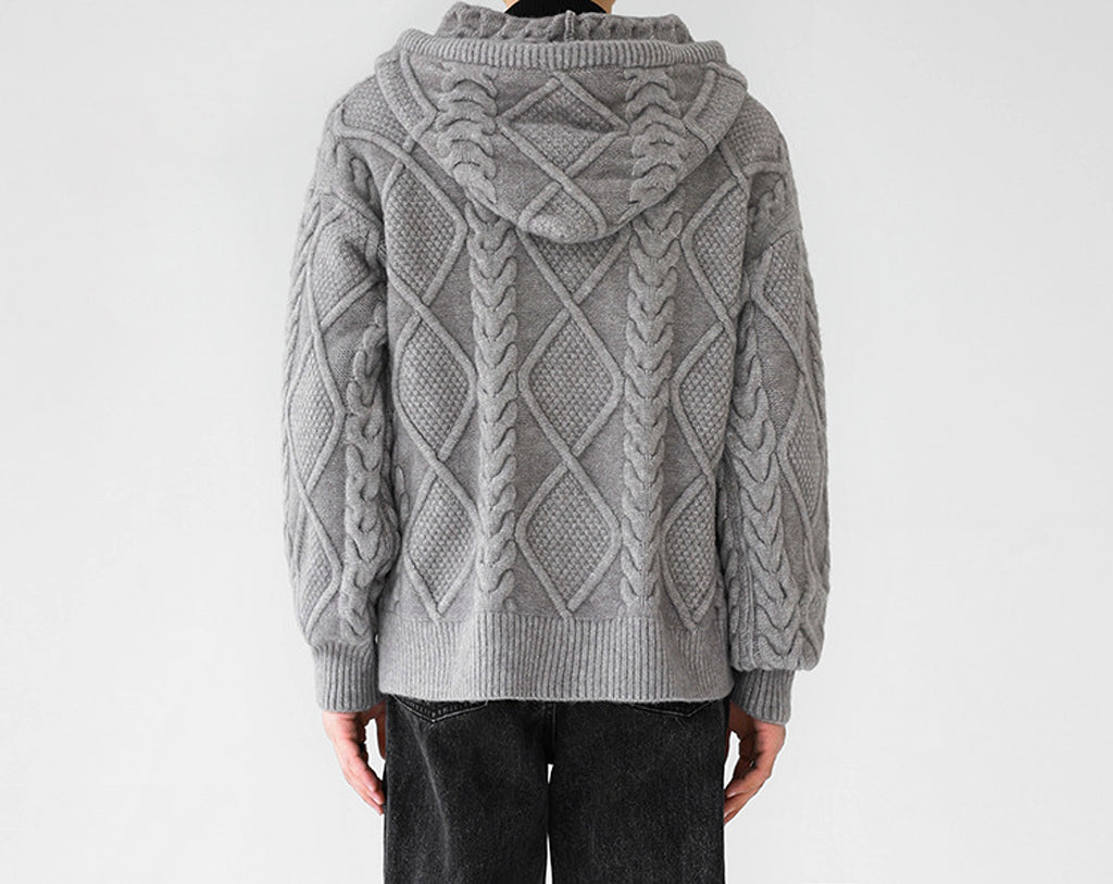 Men's Zipper Hooded Solid Color Loose Rhombus Plaid Coat - enhanced image 2
