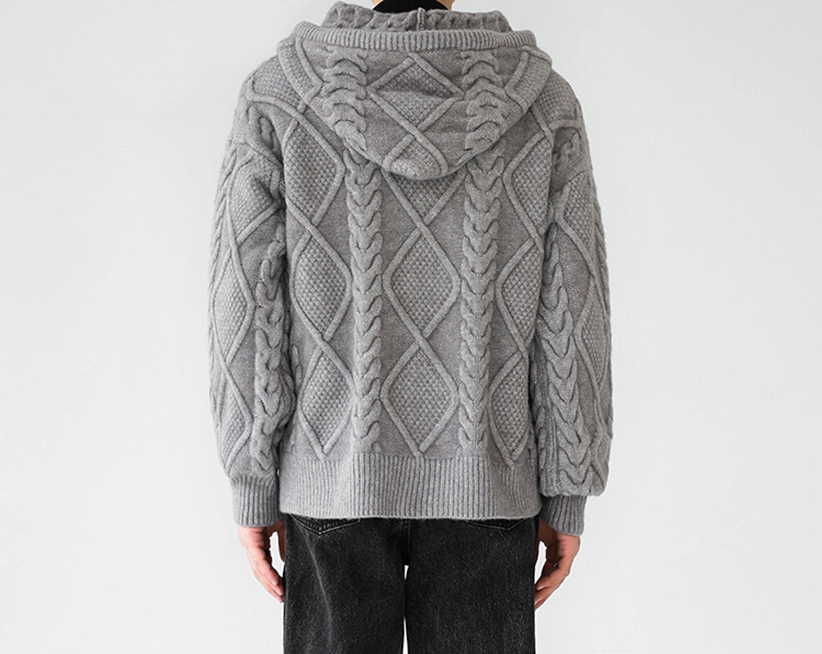 Men's Zipper Hooded Solid Color Loose Rhombus Plaid Coat - enhanced image 2