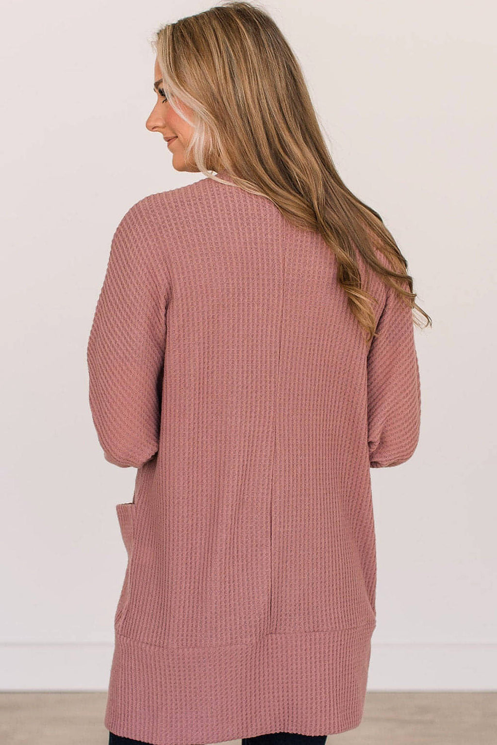Mineral Red Solid Color Waffle Knit Cardigan with Pocket - enhanced image 2