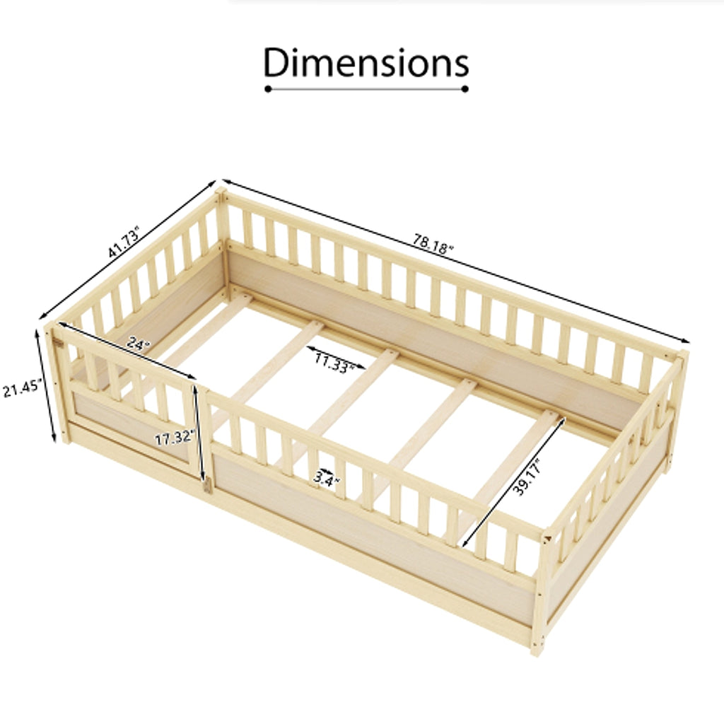 MontessoriPlay™ – Twin Size Wooden Floor Bed with Safety Rails & Door (US Warehouse) - enhanced image 2
