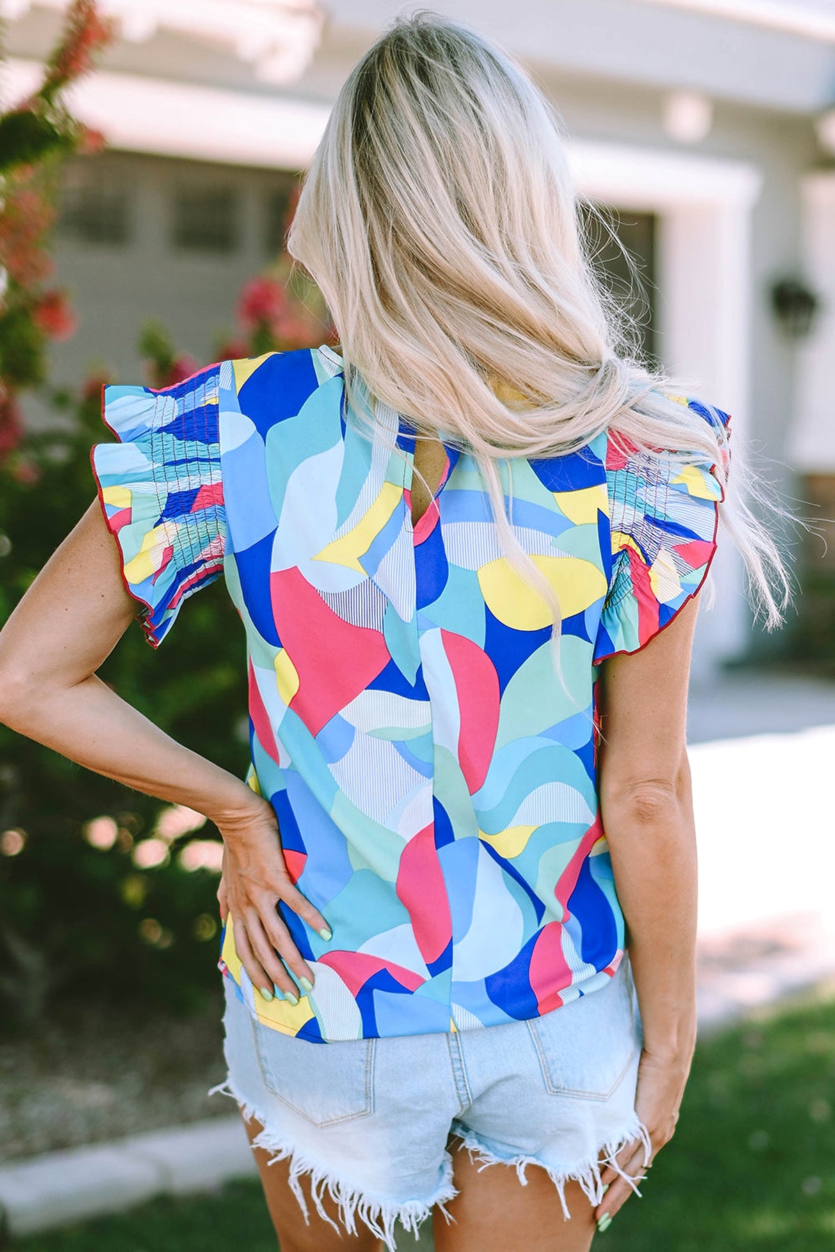 Multicolor Abstract Print Stitching Ruffle Sleeve Blouse - enhanced image 2