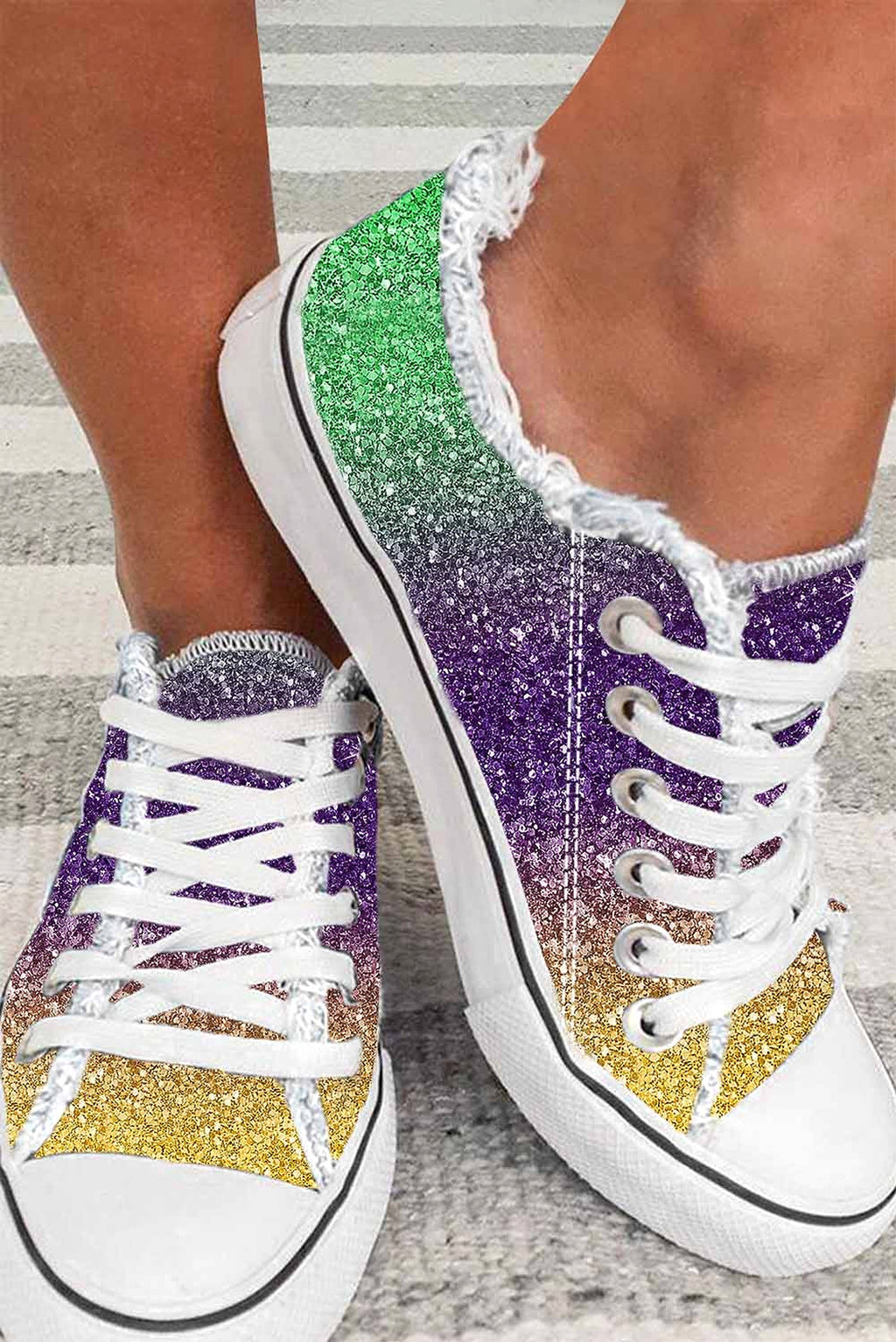 Multicolor Shiny Gradient Raw Hem Lace-up Flat Canvas Shoes - enhanced image 2