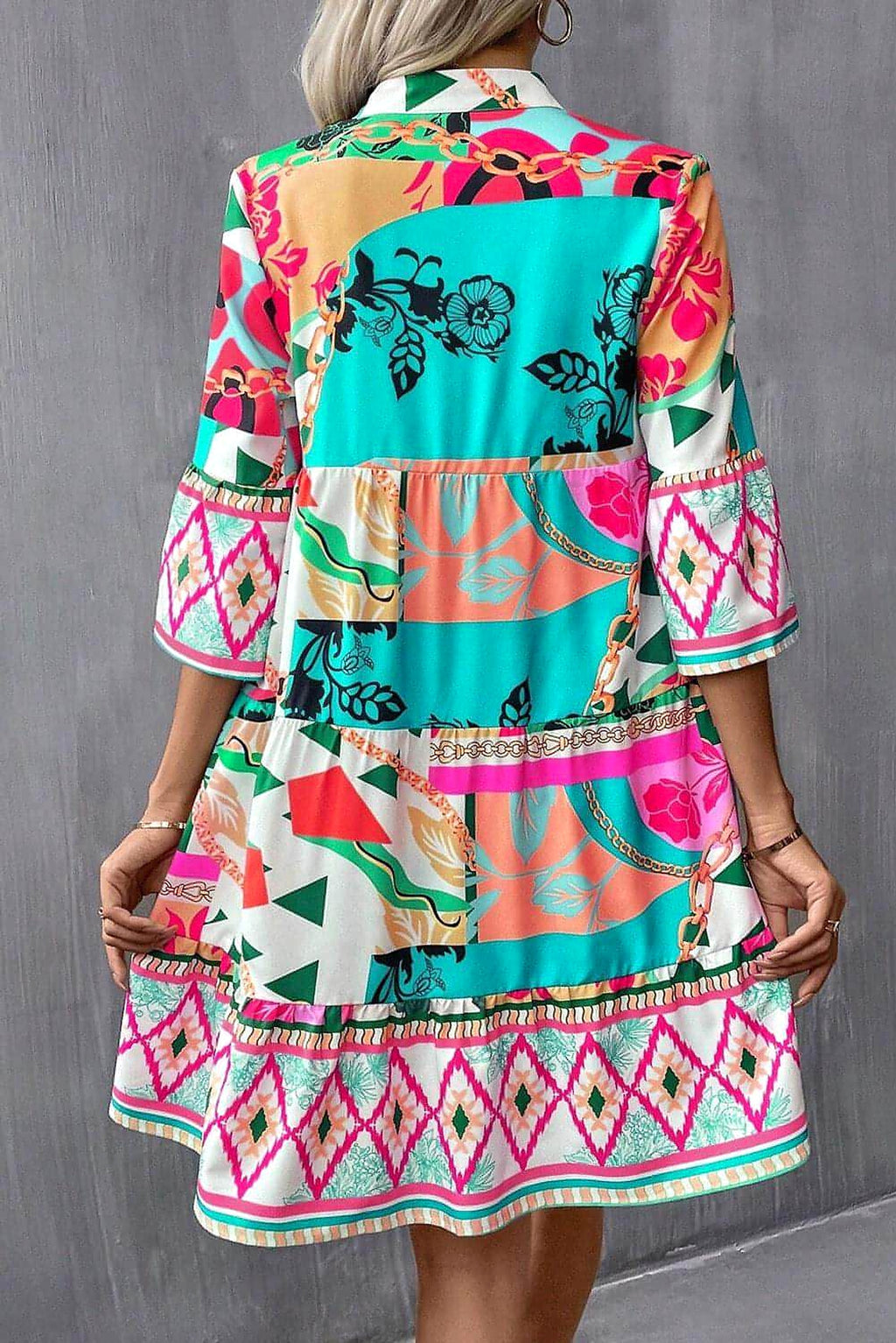 Multicolour Abstract Printed Half Sleeve Notched Neck Mini Dress - enhanced image 2