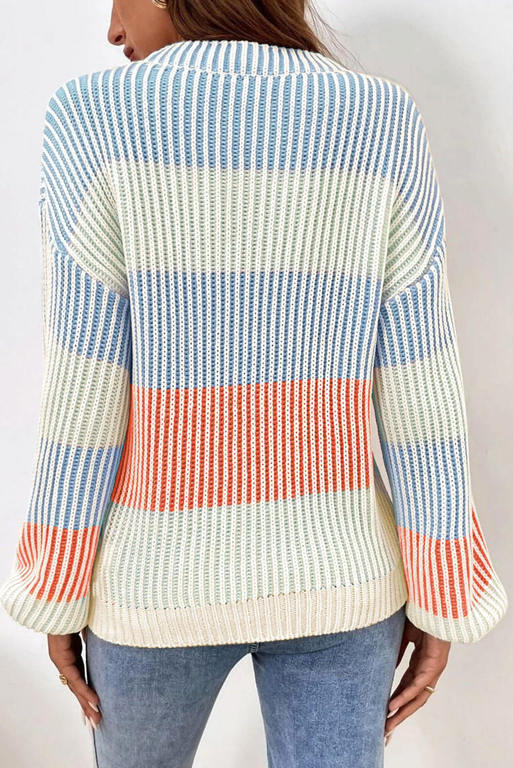 Multicolour Colorblock Textured Knit Bubble Sleeve Sweater - enhanced image 2