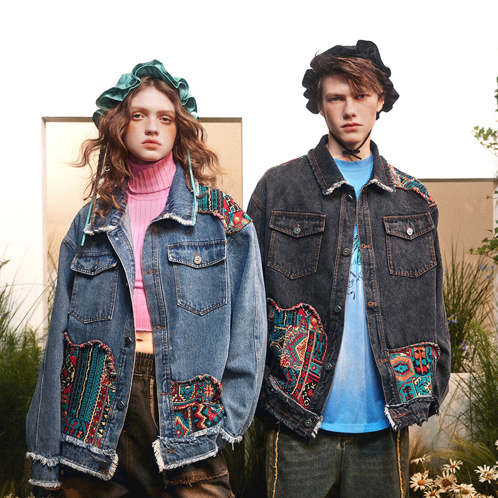 1. National Style Burrs Stitching Washed Denim Jacket - enhanced image 2