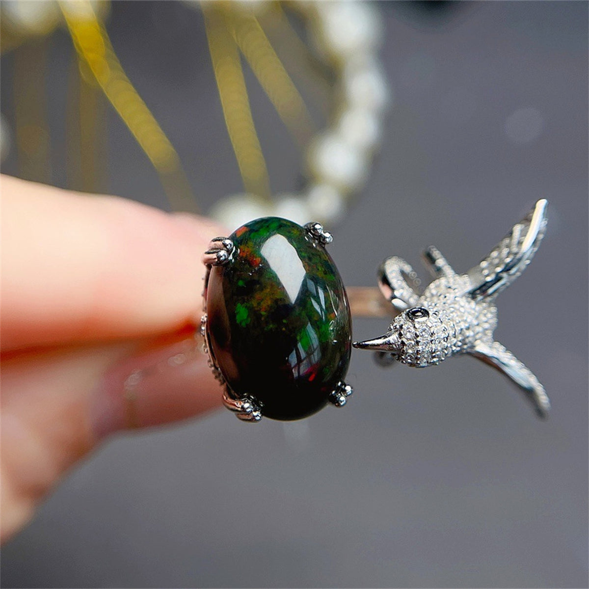 Natural Black Opal Ring For Women - enhanced image 2