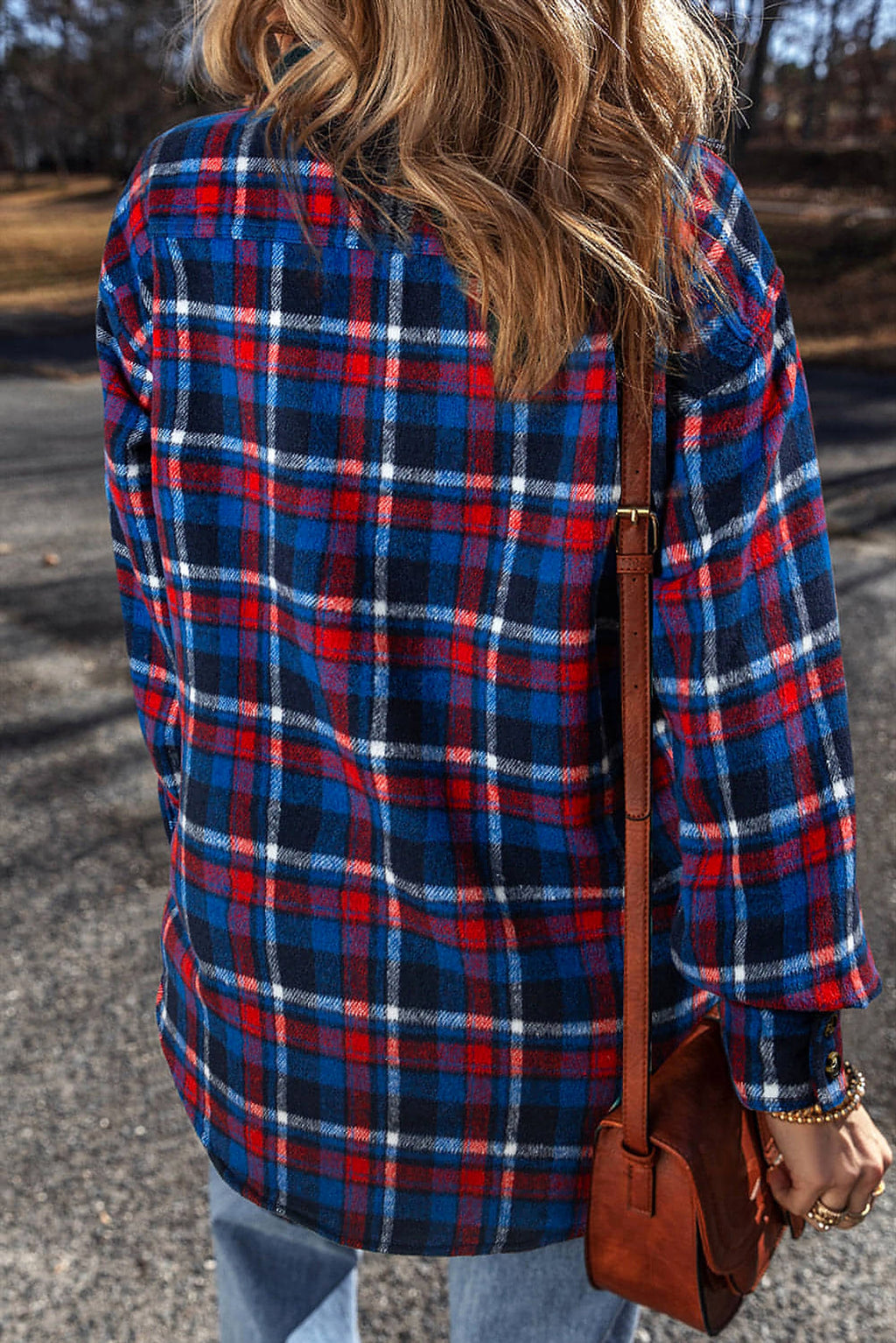 Navy Blue Plaid Flap Pocket Button Up Shacket - enhanced image 2