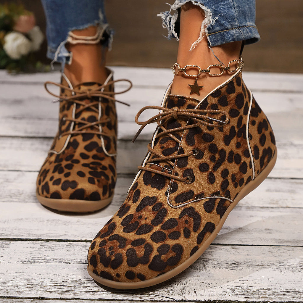 New Lace-up Flat Leopard Print Casual Boots Women - enhanced image 2