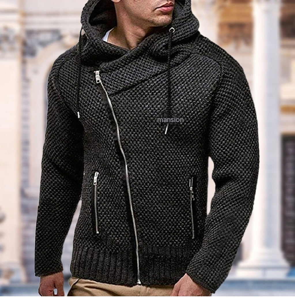 New Men's Oblique Zipper Slim-fit Long-sleeved Black With Extra Lining Sweater - enhanced image 2