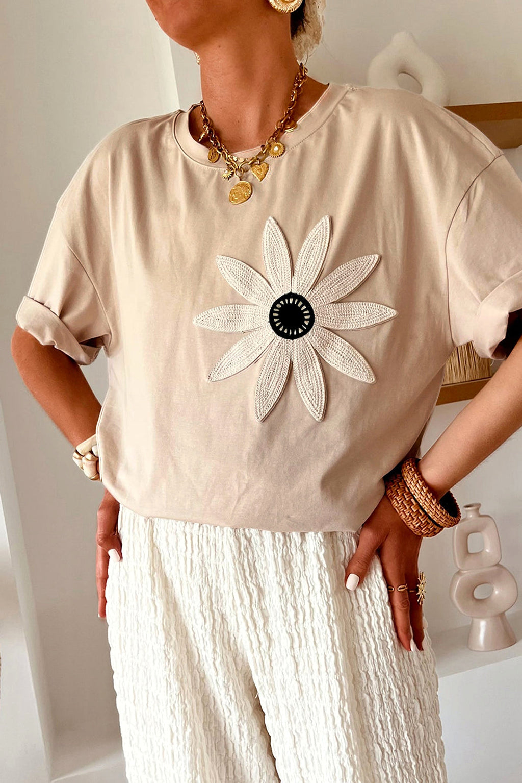 Oatmeal Contrast Crochet Floral Graphic Drop Shoulder Loose Tee - enhanced image 2