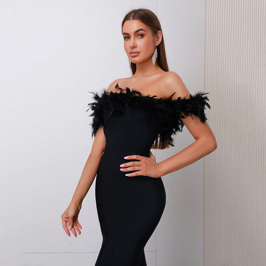 Off-neck Feather Women's Dress - enhanced image 2