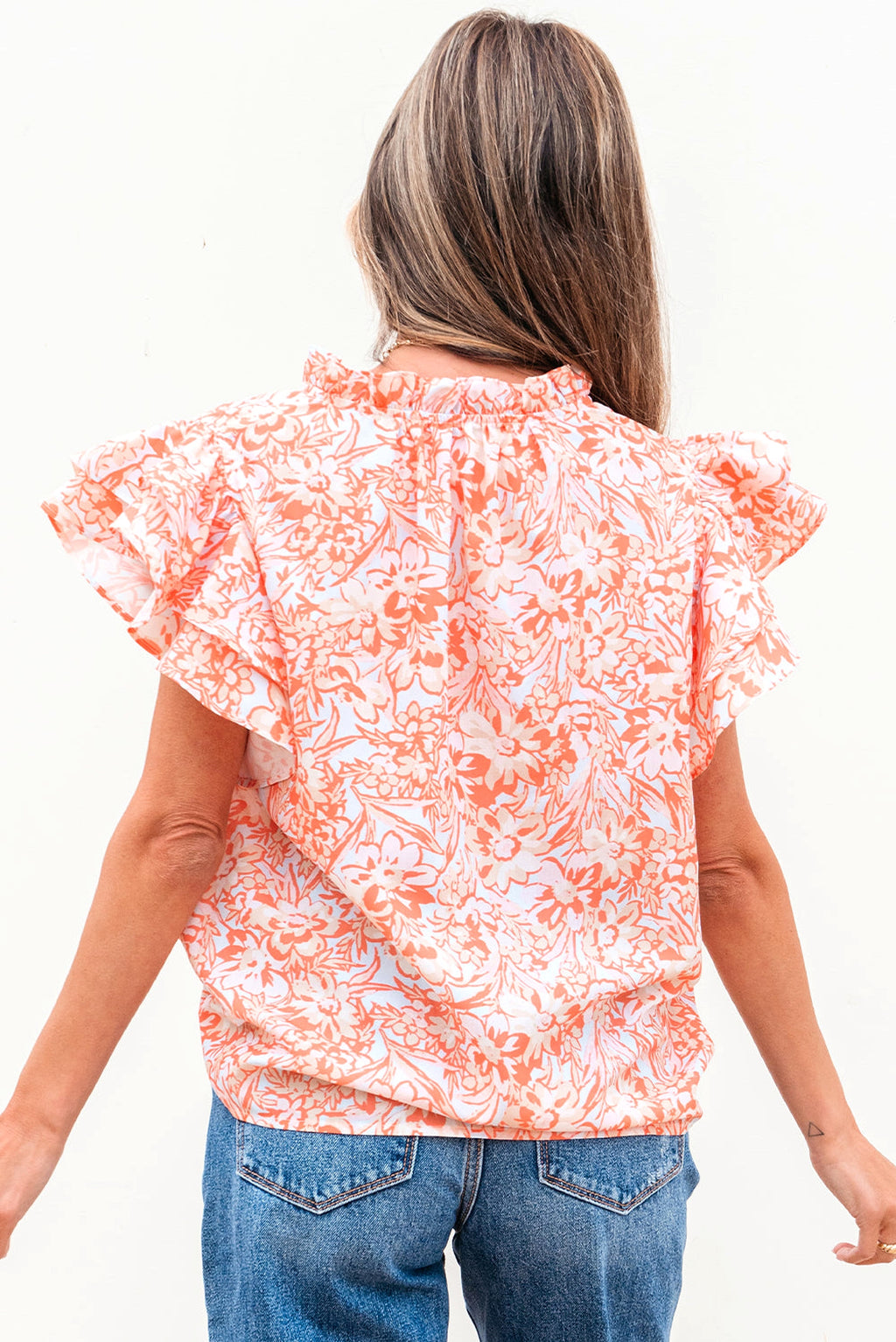 Orange Floral Ruffle Sleeve Split Neck Blouse - enhanced image 2