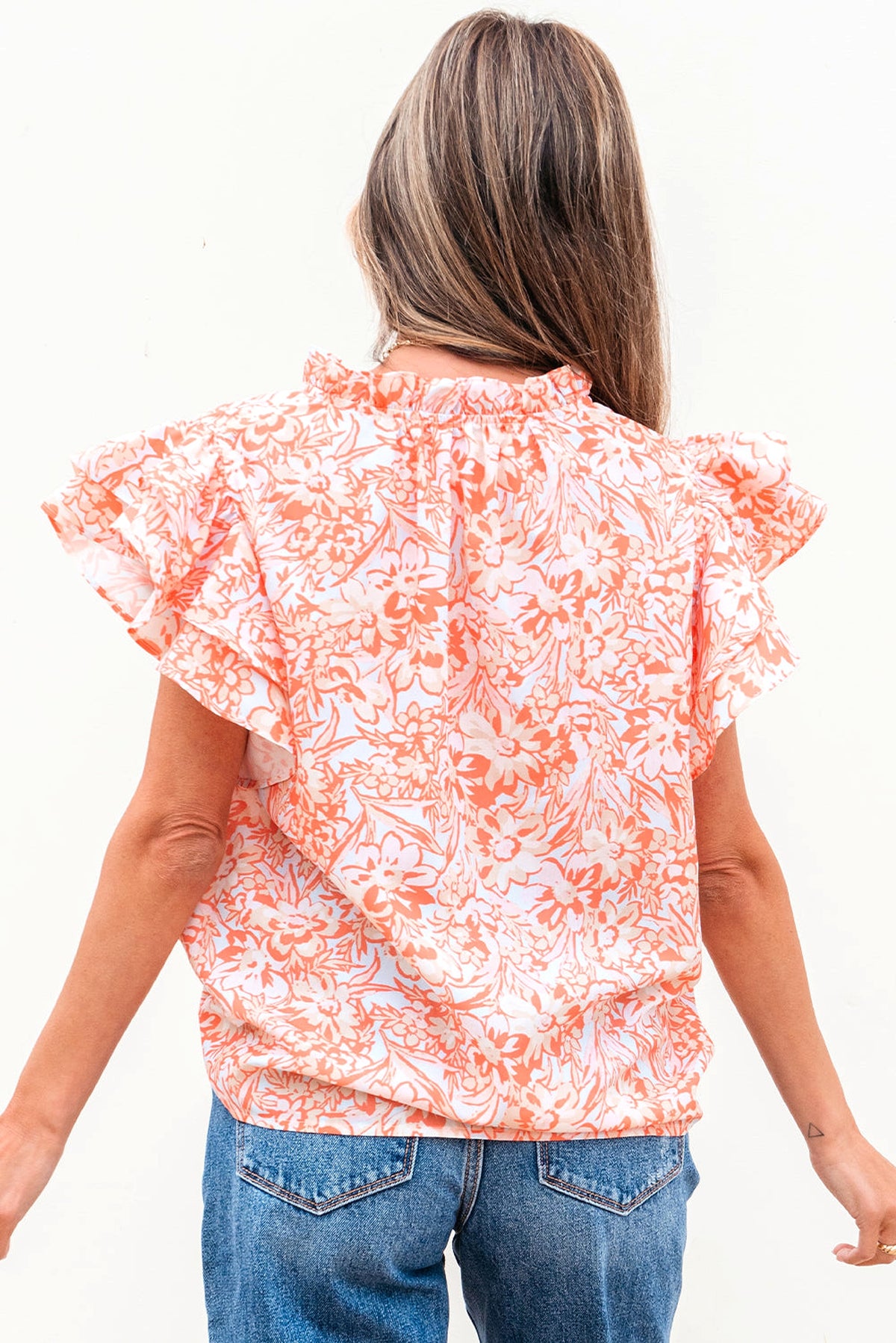 Orange Floral Ruffle Sleeve Split Neck Blouse - enhanced image 2