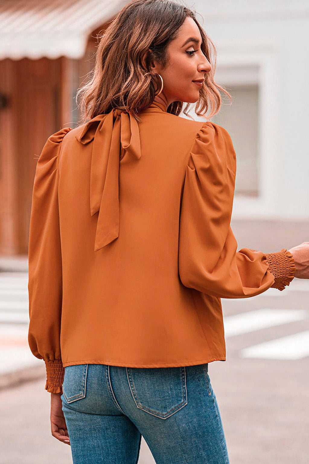 Orange Long Bubble Sleeve Mock Neck Chiffon Blouse - enhanced image 2