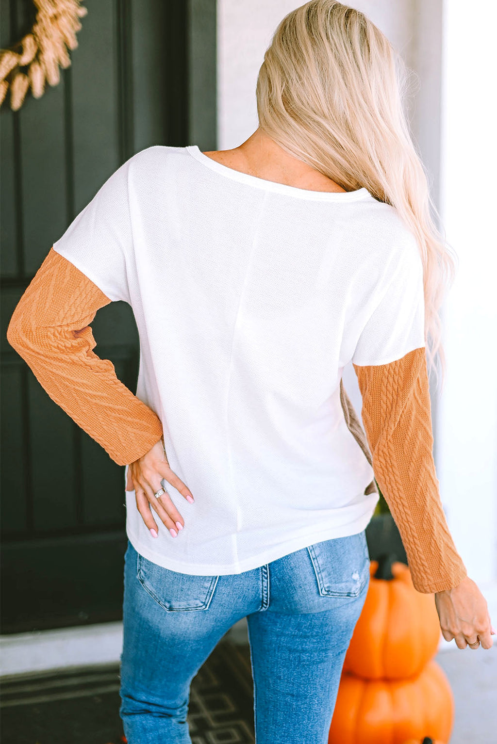 Orange Long Sleeve Colorblock Chest Pocket Textured Knit Top - enhanced image 2