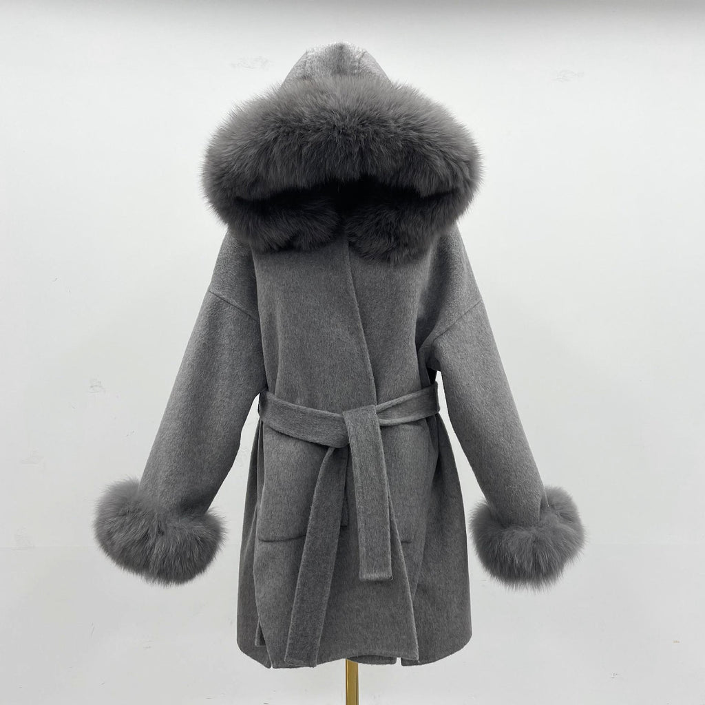Oversized Fur Collar Hooded Double-Sided Wool Coat – Luxurious Warmth & Style - enhanced image 2