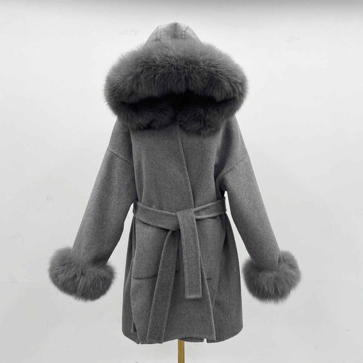 Oversized Fur Collar Hooded Double-Sided Wool Coat – Luxurious Warmth & Style - enhanced image 2
