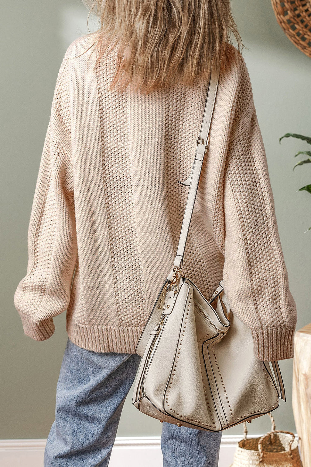 Pale Khaki Solid Color Cable Knit Ribbed Loose Sweater - enhanced image 2