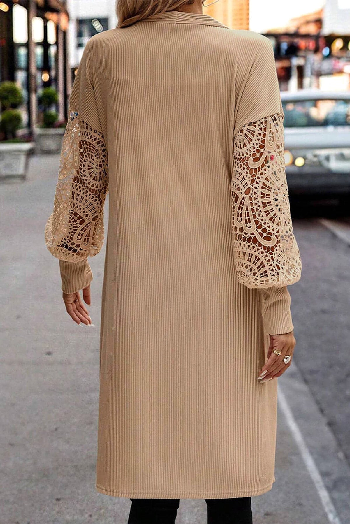 Parchment Lace Patchwork Ribbed Knit Open Front Duster Cardigan - enhanced image 2