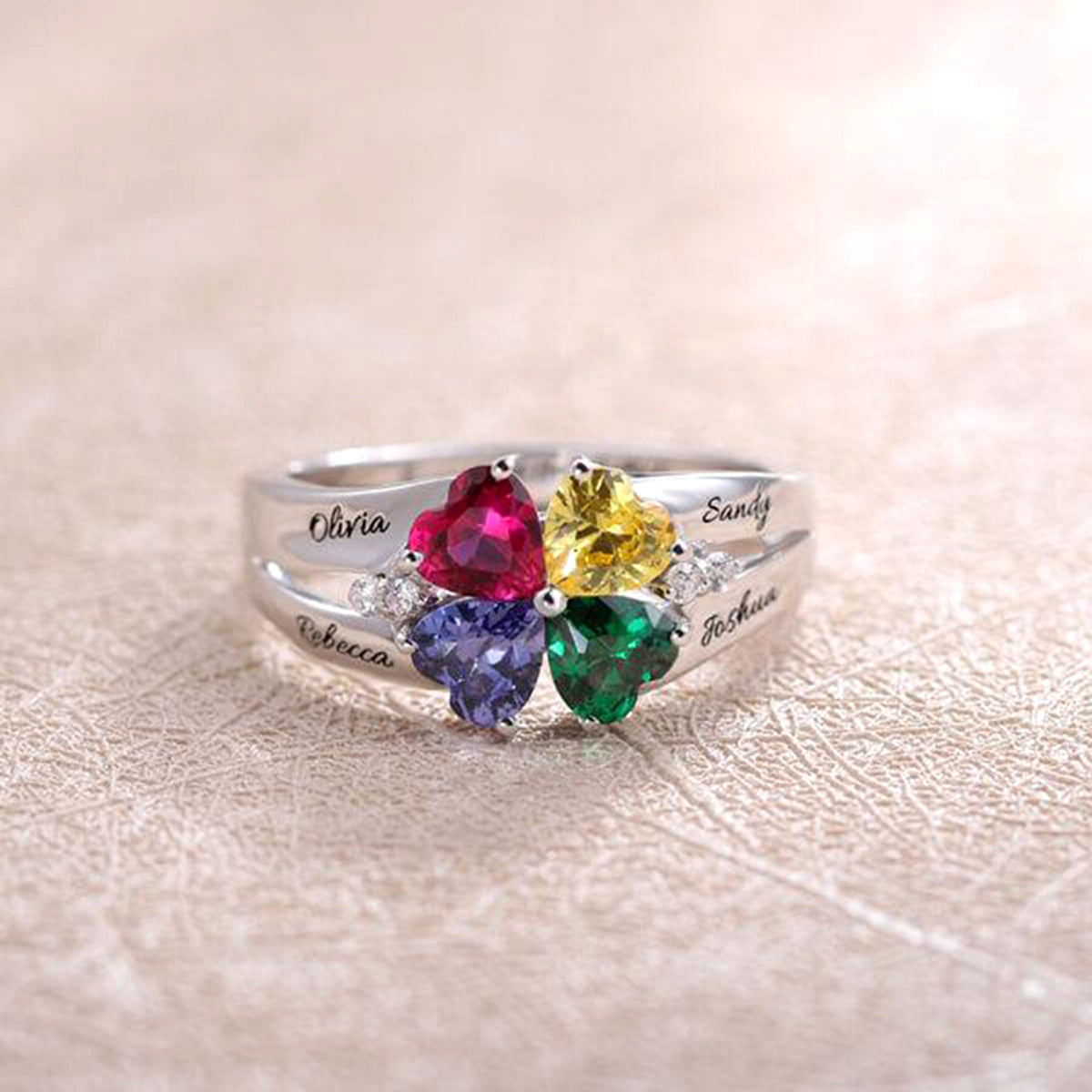 Personalized And Engraved Heart Assortment Birthstones Silver Ring - enhanced image 2