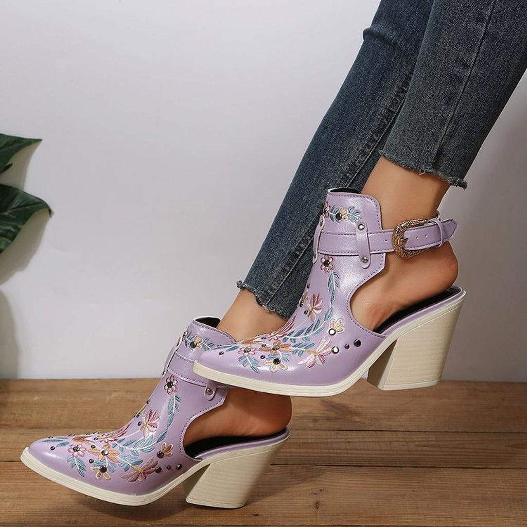 Personalized Retro Embroidery Rivet High Heels Chunky Heel - enhanced image 2