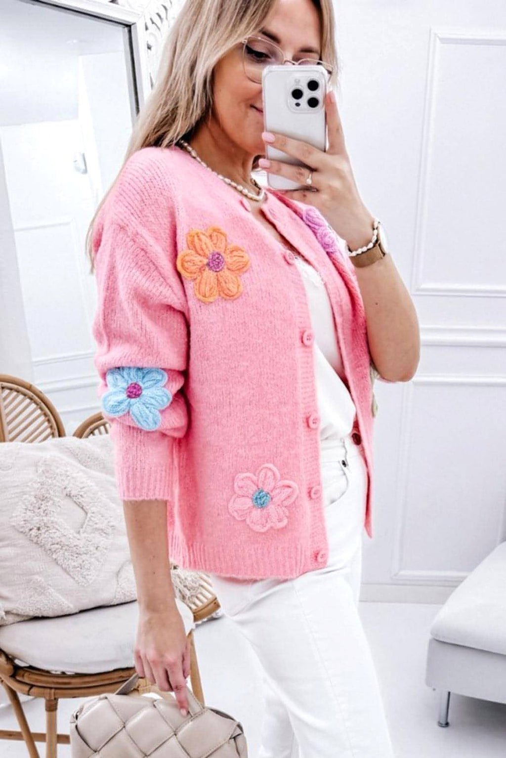 Pink Cute Knitted Floral Pattern Button Up Cardigan - enhanced image 2