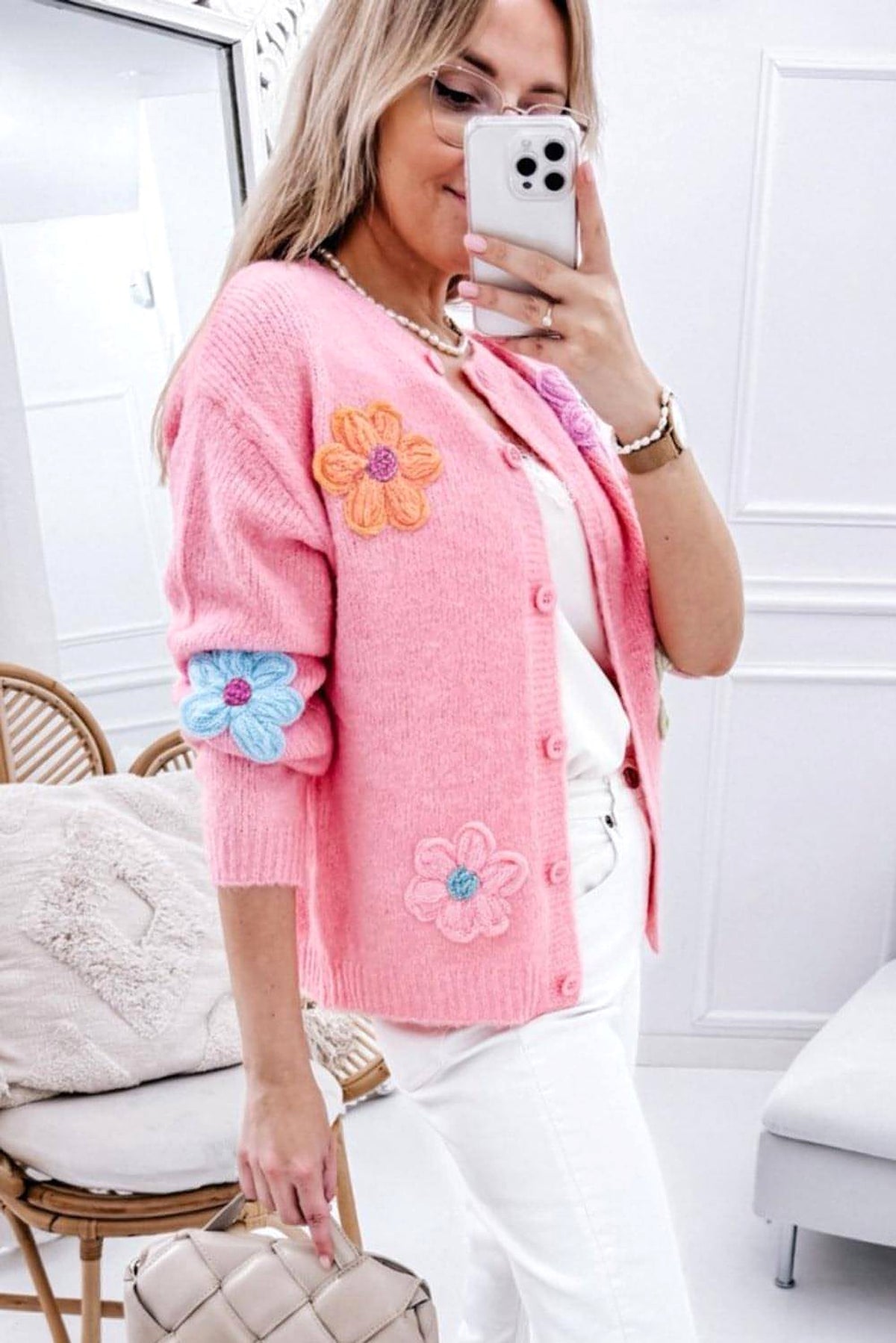 Pink Cute Knitted Floral Pattern Button Up Cardigan - enhanced image 2