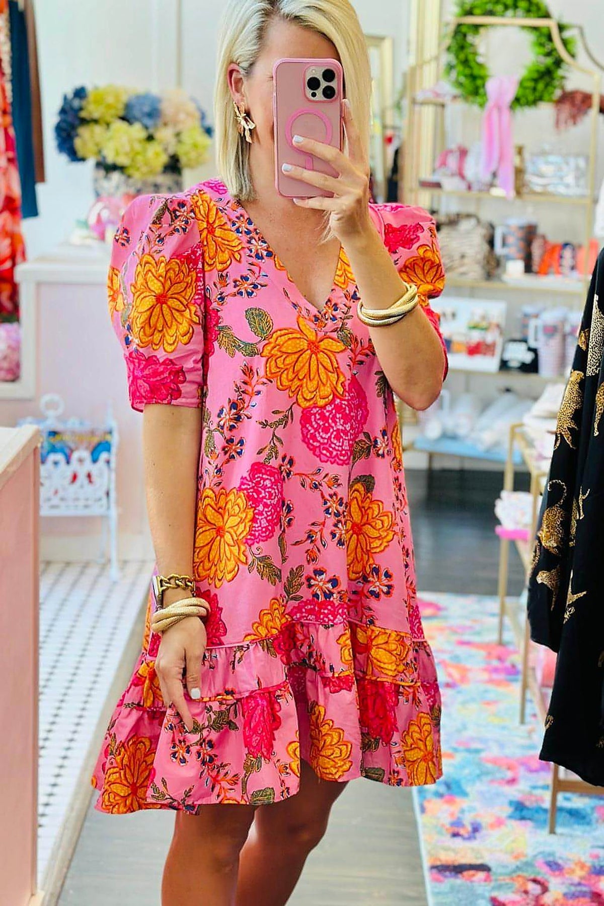Pink Floral Bubble Sleeve V Neck Ruffled Mini Dress - enhanced image 2