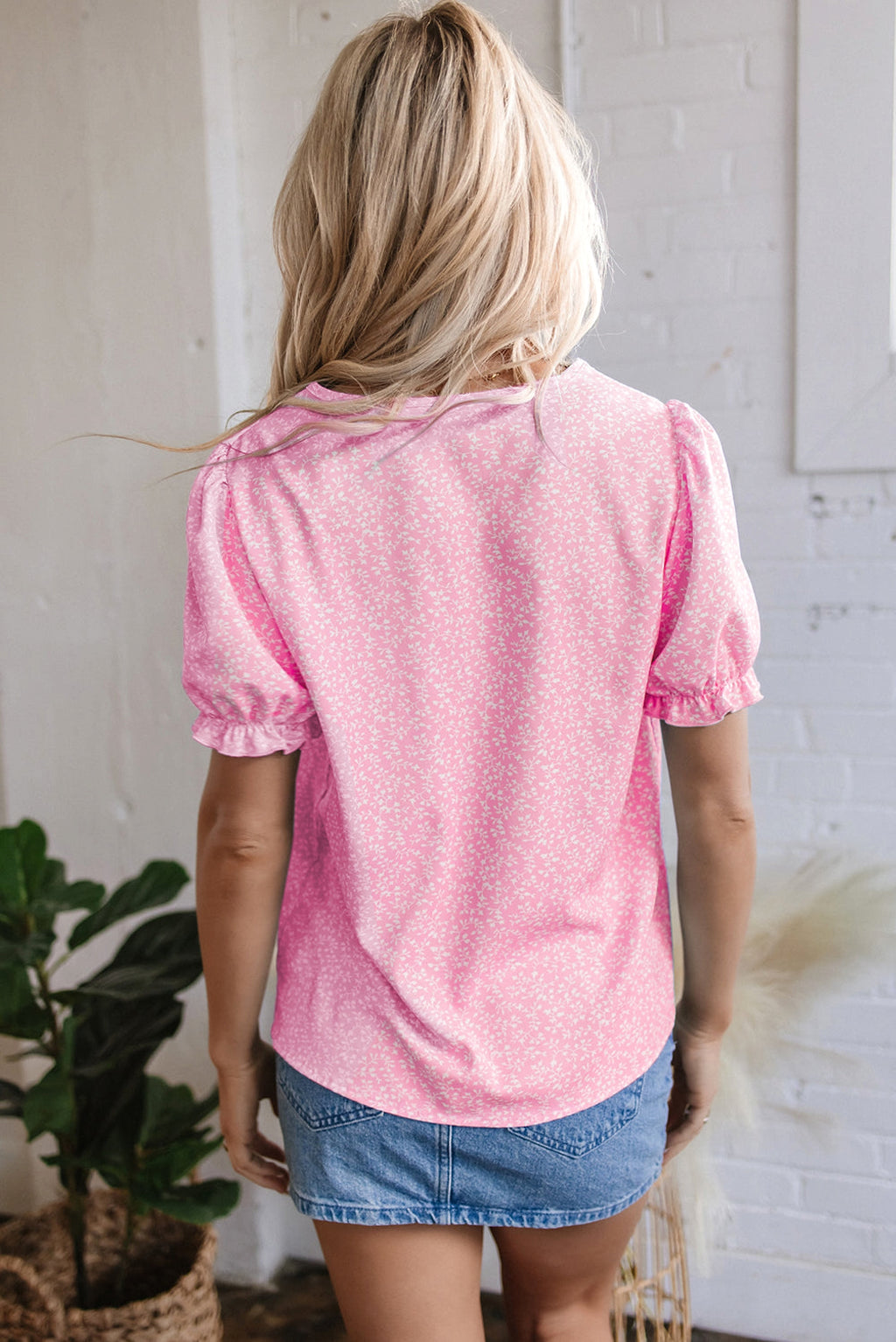 Pink Floral Embroidered Puff Sleeve Notched V Neck Blouse - enhanced image 2