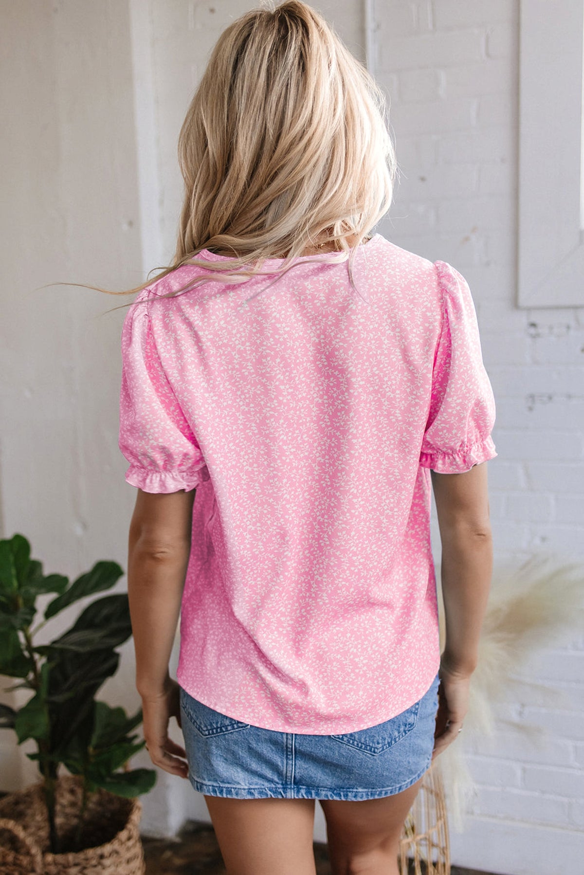 Pink Floral Embroidered Puff Sleeve Notched V Neck Blouse - enhanced image 2
