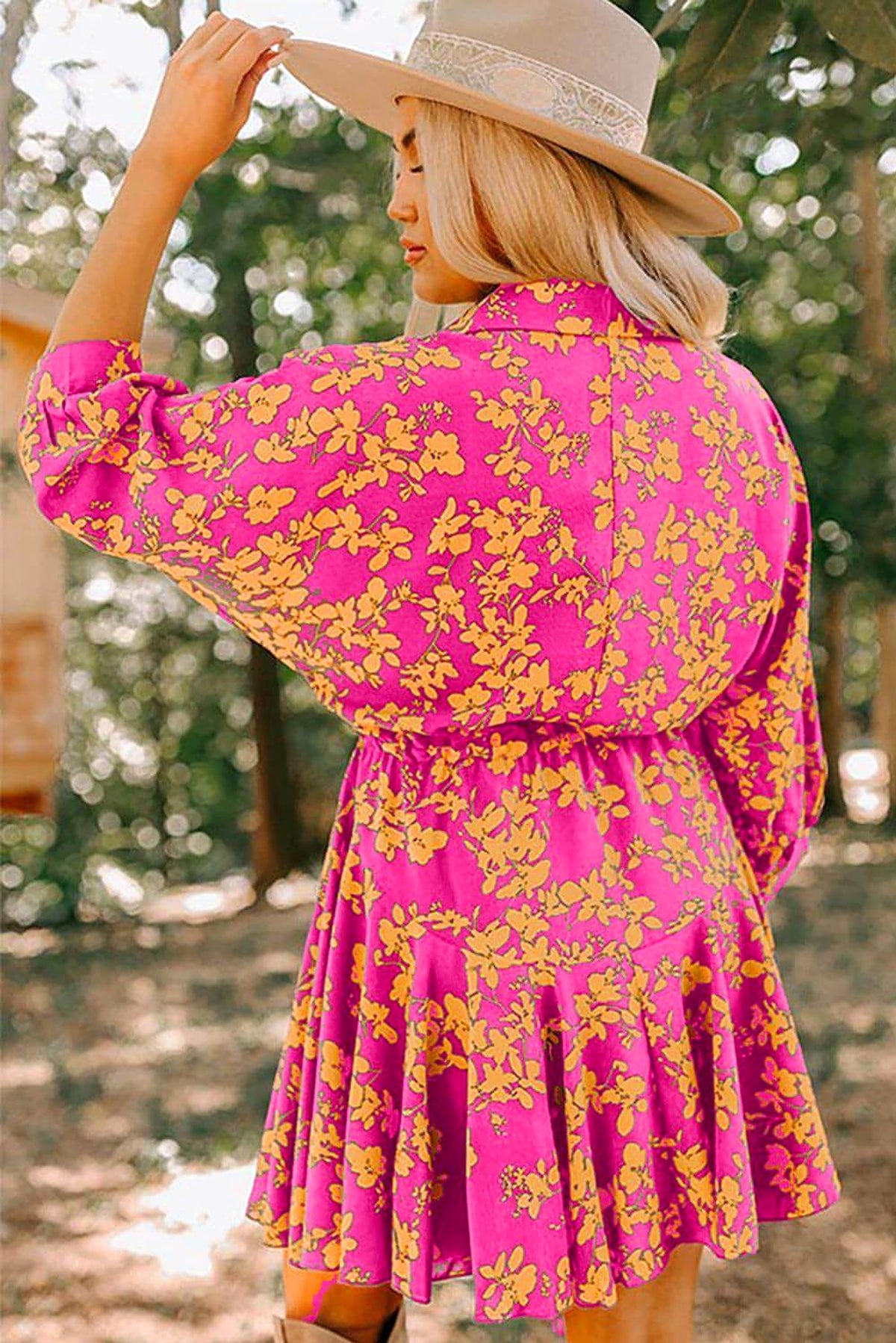 Pink Floral Print Drawstring Tunic Flowy Short Dress - enhanced image 2