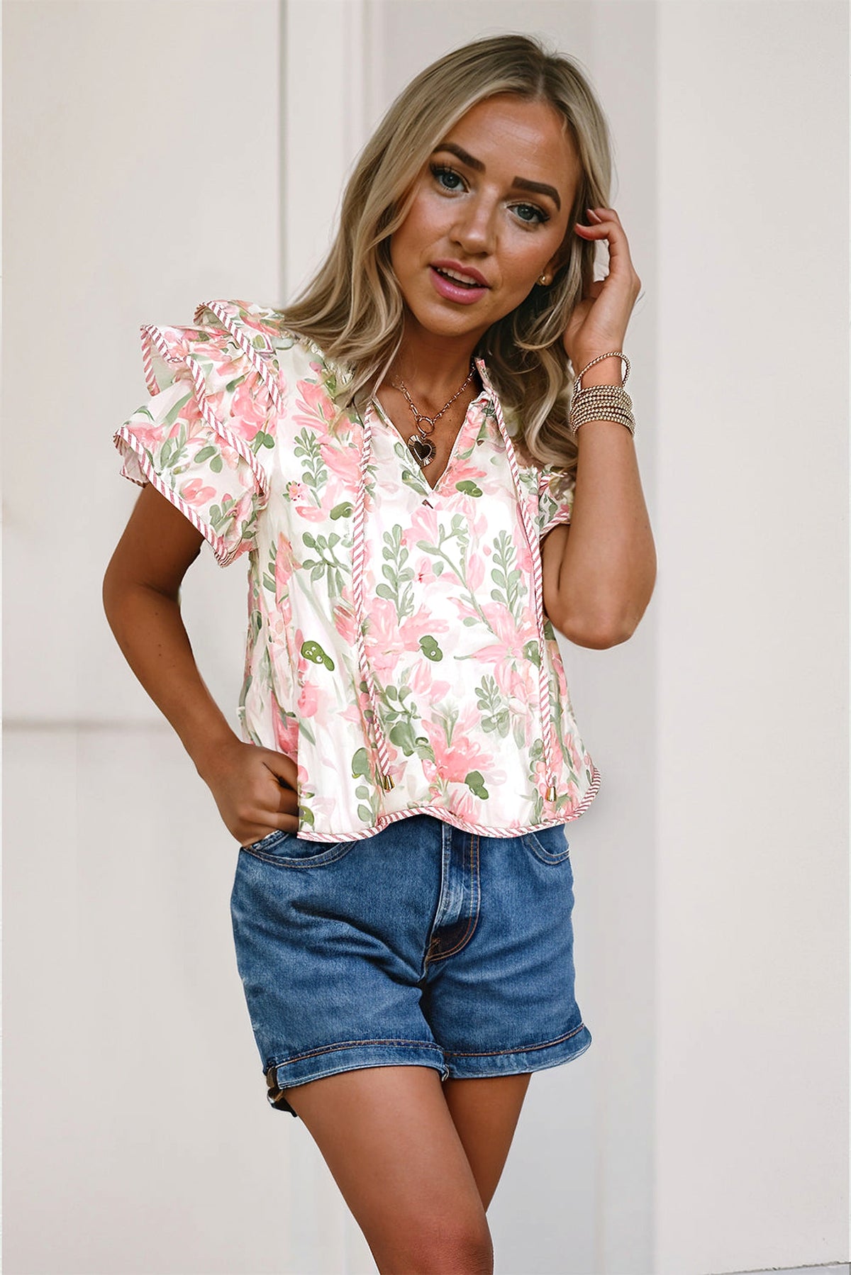 Pink Floral Print Striped Contrast Tiered Ruffled Sleeve V Neck Blouse - enhanced image 2