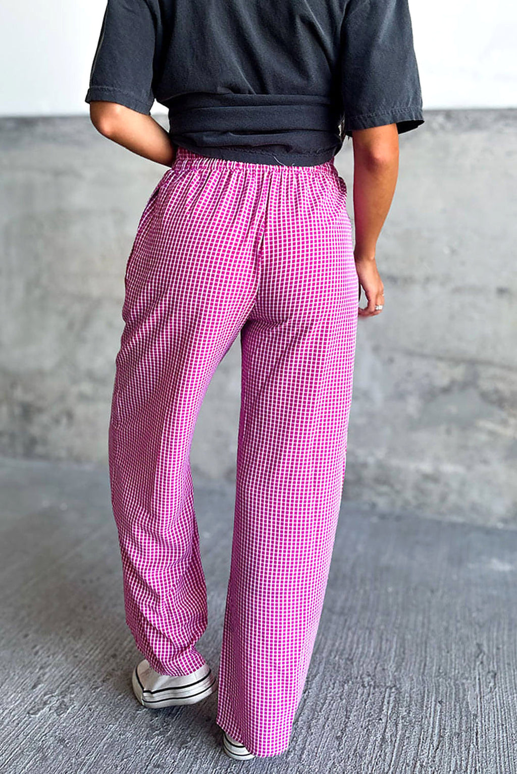 Pink Plaid Print Drawstring High Waist Wide Leg Casual Pants - enhanced image 2