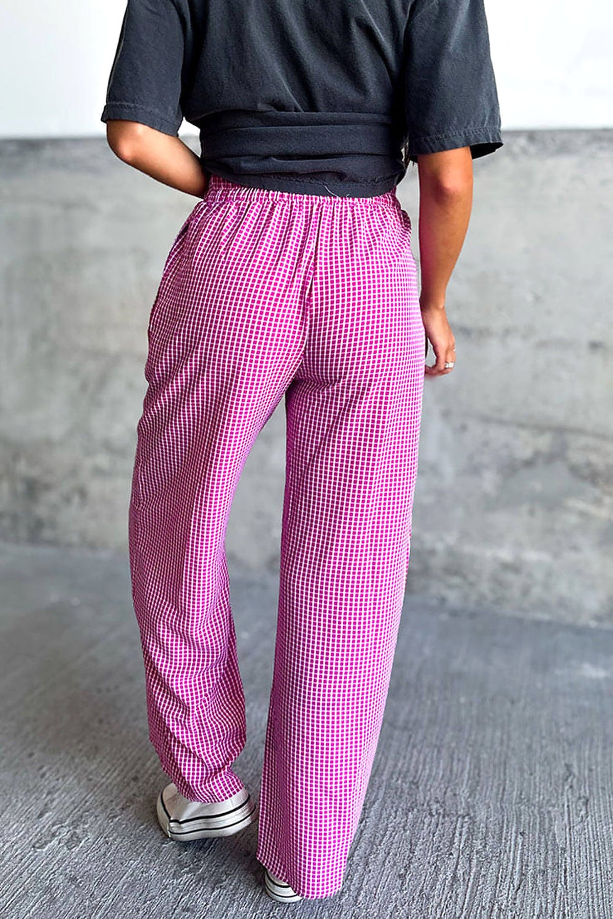 Pink Plaid Print Drawstring High Waist Wide Leg Casual Pants - enhanced image 2