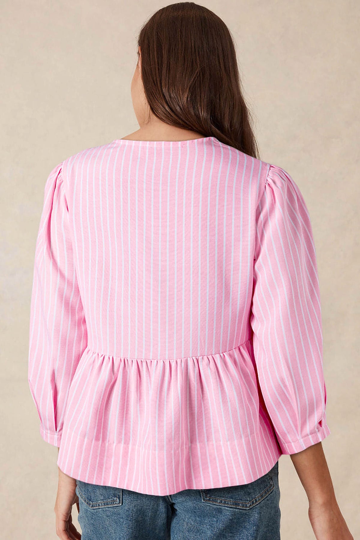 Pink Stripe Bowknot Front Crew Neck Puff Sleeve Blouse - enhanced image 2