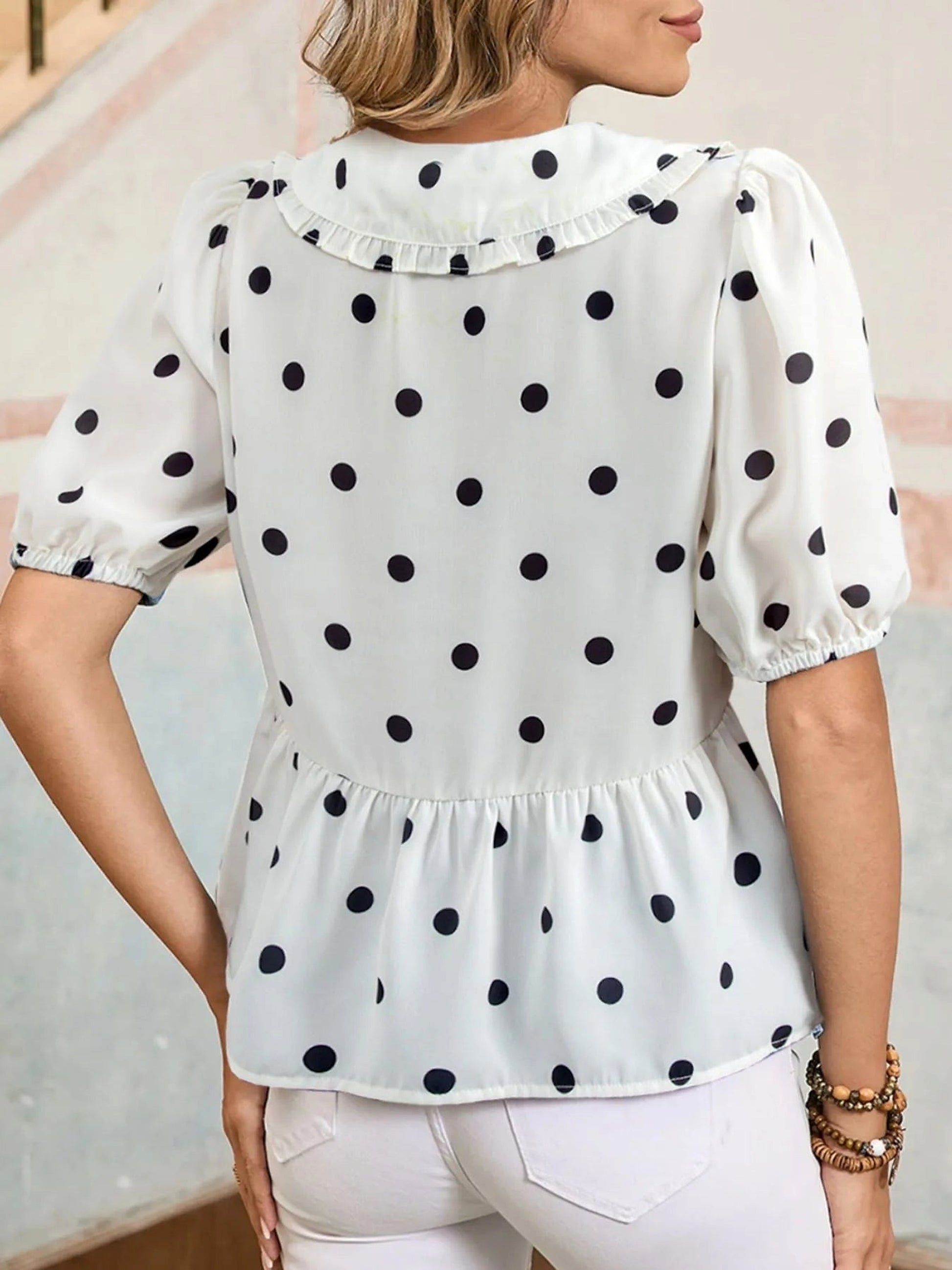 Polka Dot Collared Puff Sleeve Peplum Top - enhanced image 2