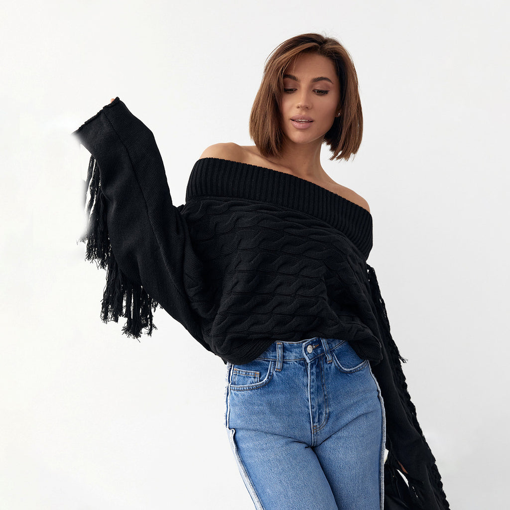 A Pure Color Elegant Style Woolen Tassel Design Sweater  Women - enhanced image 2