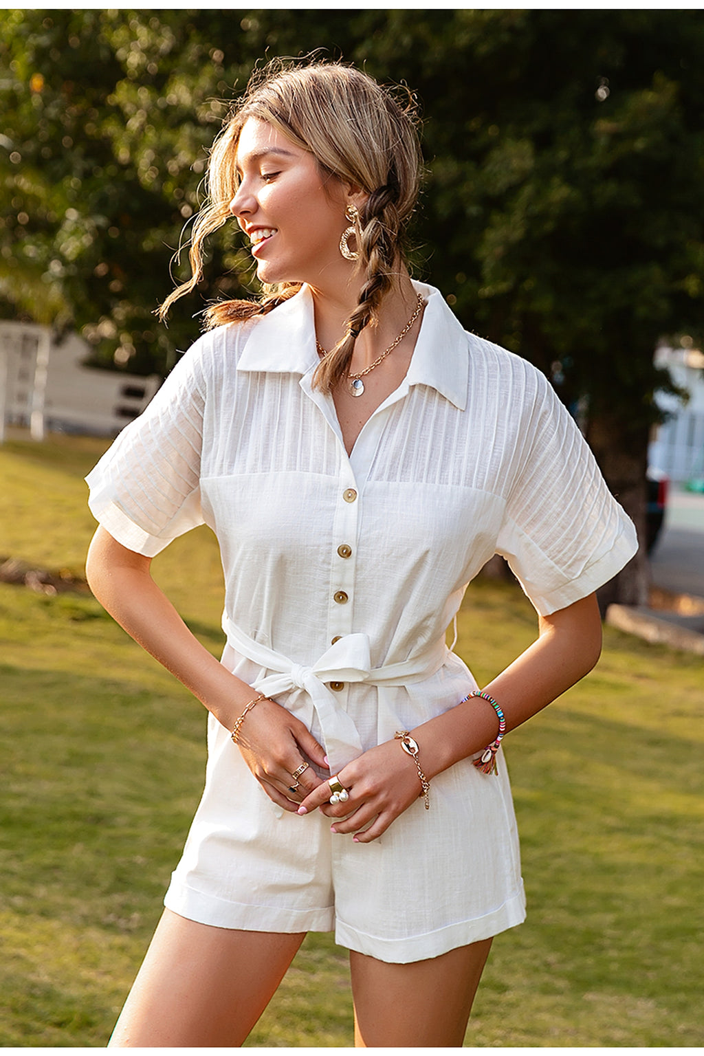 Pure Color Short-sleeved Lapel Tie Jumpsuit Casual Jumpsuit Women - enhanced image 2
