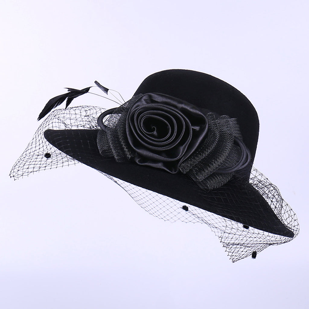 Pure Wool Ladies Banquet Lace Mesh Flower Big Brim Fisherman Hat - enhanced image 2