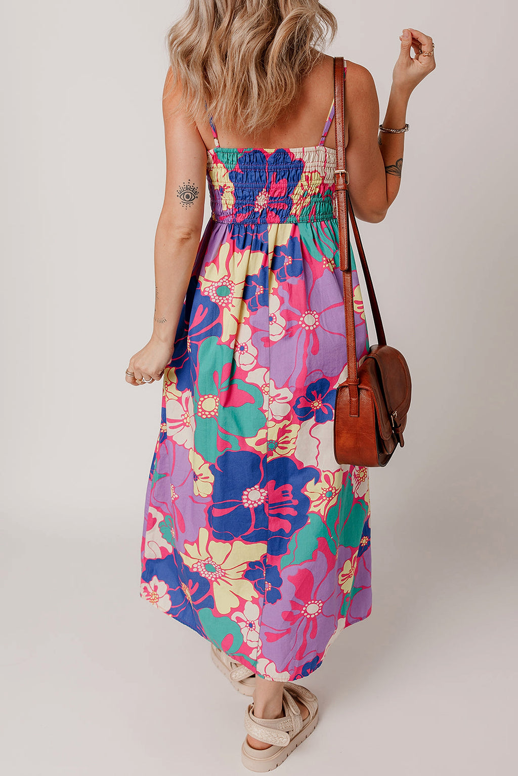 Purple Floral Print Shirred Spaghetti Strap Loose Maxi Dress - enhanced image 2